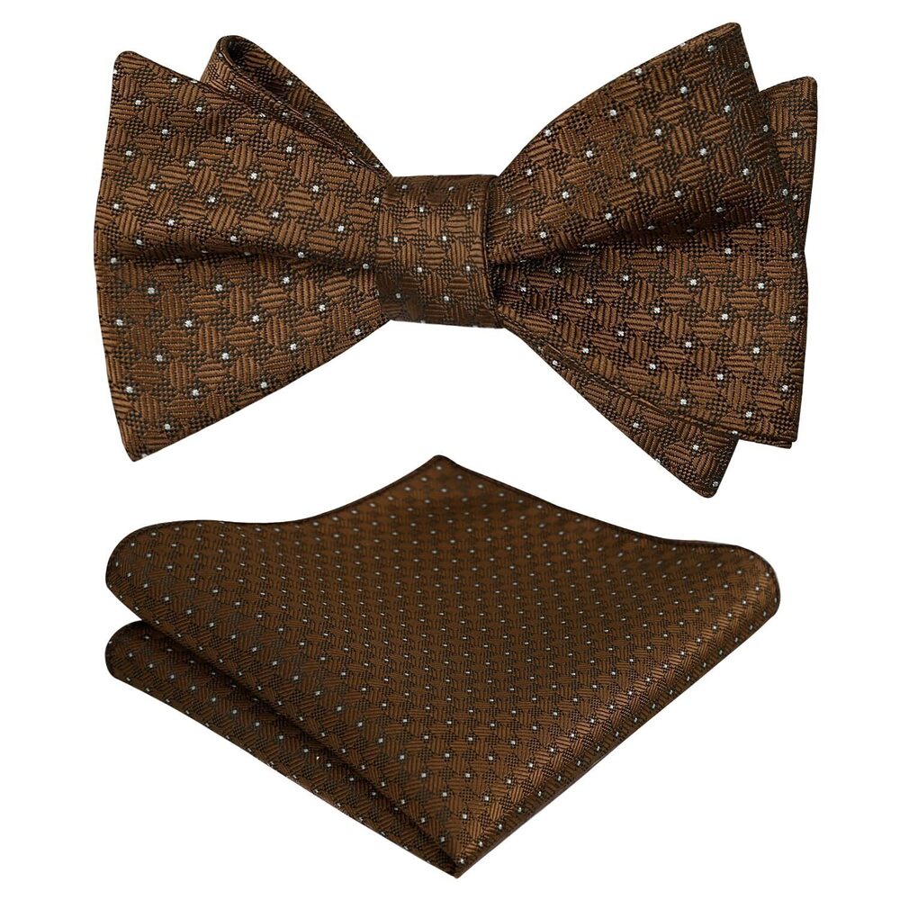 3802 2pcs Polka Dot Self Tied Bow Tie and Pocket Square Set, Brown